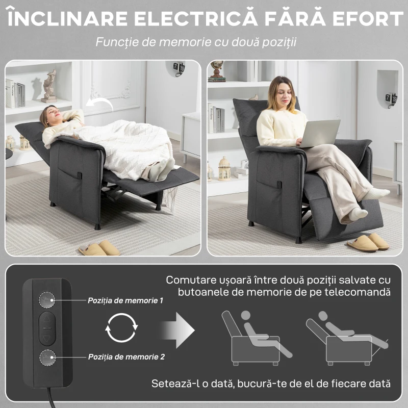 HOMCOM Fotoliu Electric Reclinabil cu Telecomandă și Suport pentru Picioare, din Țesătură cu Aspect de Catifea, 80x83x104 cm, Negru