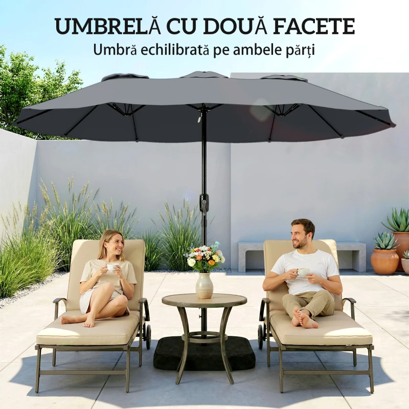 Outsunny Umbrelă Dublă cu 12 Spițe, Manivelă, Bază Metalică și Saci de Nisip, din Metal și Poliester, 3x1.5 m, Gri Închis