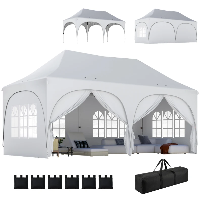 Outsunny 3 x 6m Pop Up Gazebo Shelter with Sides, 6 Sandbags, Peak Top Garden Party Tent Marquee with Carry Bag, Light Grey/White