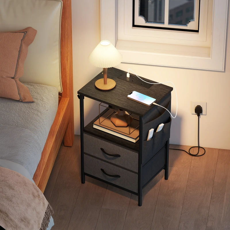 HOMCOM Bedside Table with Charging Station - Black