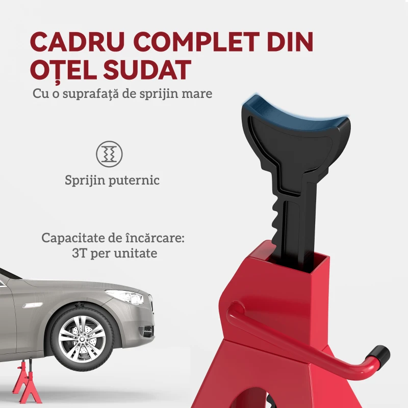 HOMCOM Set 2 Suporturi Reglabile pentru Mașină, Capacitate 3 Tone, Înălțime Ajustabilă 38,5-60 cm, Oțel Carbon și Fontă, Roșu