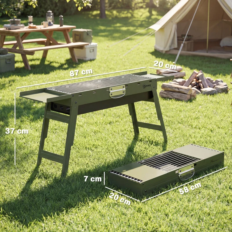 Outsunny Portable BBQ Grill, Foldable Charcoal Grill for Camping and Picnics with 2 Side Shelves and Handle, Green
