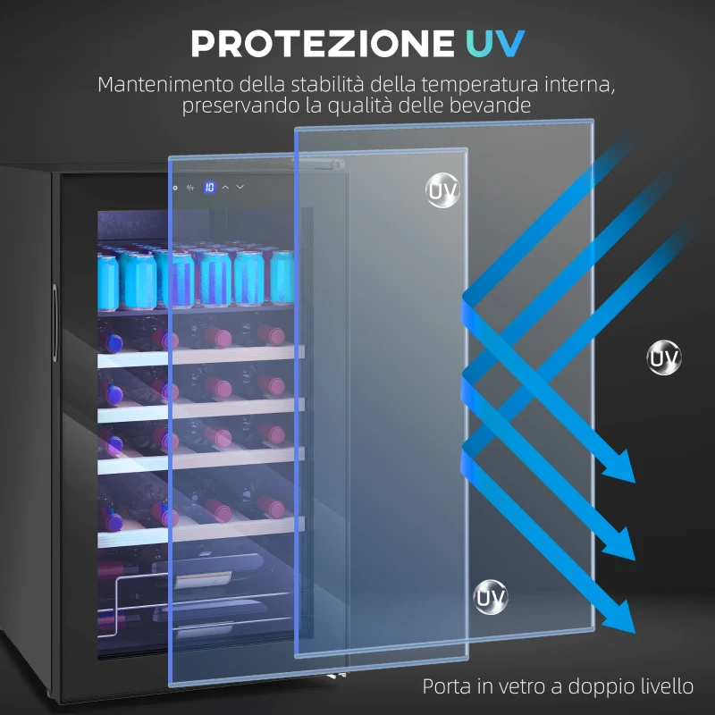 HOMCOM Cantinetta Frigo per Vino da 63L con Ripiani Regolabili per 16 Bottiglie e 25 Lattine, 43x45x74 cm, Nero