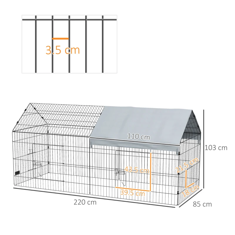PawHut Cușcă pentru Iepuri de Exterior și Interior cu Acoperiș, 220x85x103cm, Argintiu