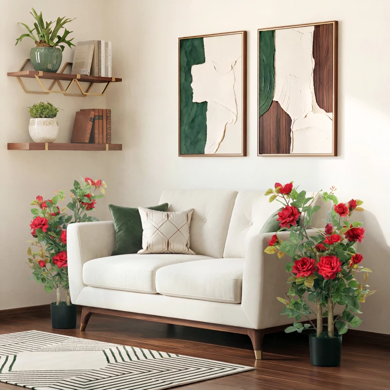 HOMCOM 90cm Artificial Rose Tree Set of 2, Decorative Fake Plant with 344 Silk Leaves 17 Flowers for Outdoor Indoor Decor, Red