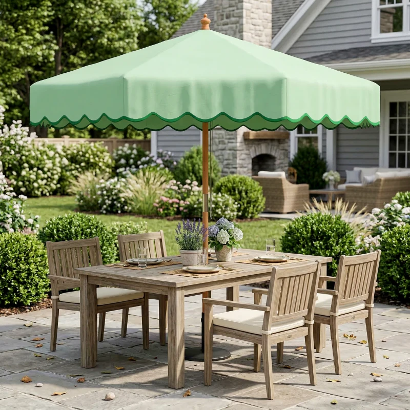 Outsunny Parasol de Jardin Rond avec Volants Rétro Chic Aspect Bois Protection Solaire UV 230cm Vert Clair
