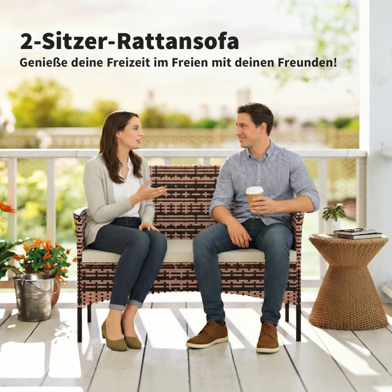 Outsunny 2-Sitzer Rattan Gartensofa PE-Rattan Outdoor-Terrassen-Sofa mit Polster, Anti-Rutsch-Matten, Stahlrahmen, Khaki