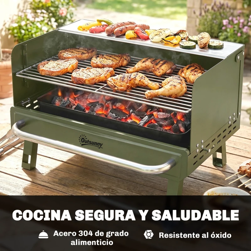 Outsunny Barbacoa de Carbón Plegable 52x37x31,8 cm con Rejilla Ajustable Estante Lateral Plegable y Bandeja Extraíble Verde