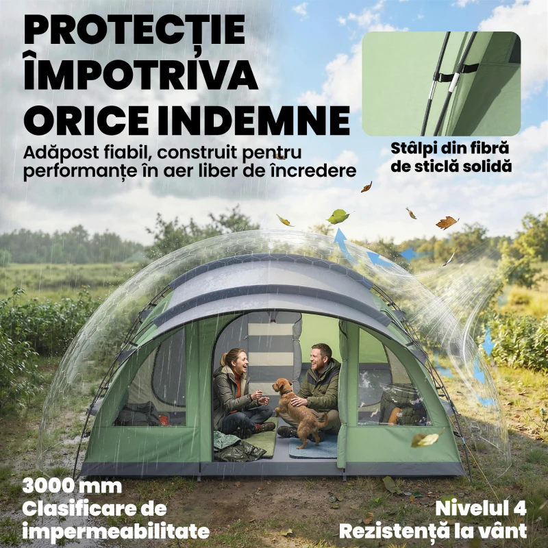 Outsunny Cort Mare Multi-Cameră pentru 2-4 Persoane, cu Ferestre și Verandă, Verde