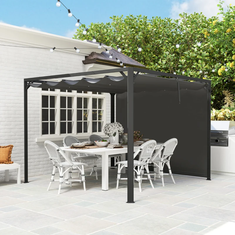 Outsunny Pérgola de Jardín de Aluminio 3x3 m con Techo Retráctil Lateral Enrollable UPF30+ Cenador de Jardín para Exterior Gris