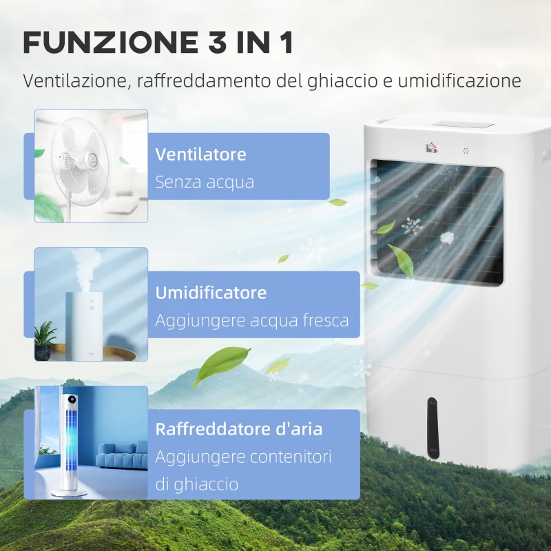 HOMCOM Raffrescatore Evaporativo e Ventilatore con Ghiaccio 3 in 1 a 3 Velocità con Timer, 32x37x74 cm, Bianco