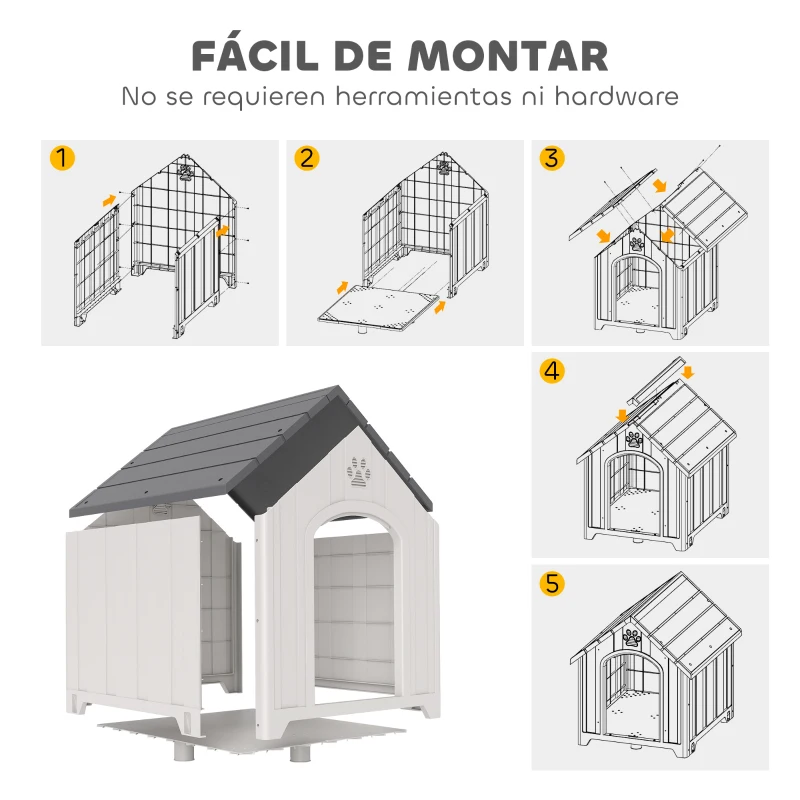 PawHut Caseta para Perros Exterior Casa para Perros Grandes de Plástico con 2 Ventanas Base Elevada Estacas Gris