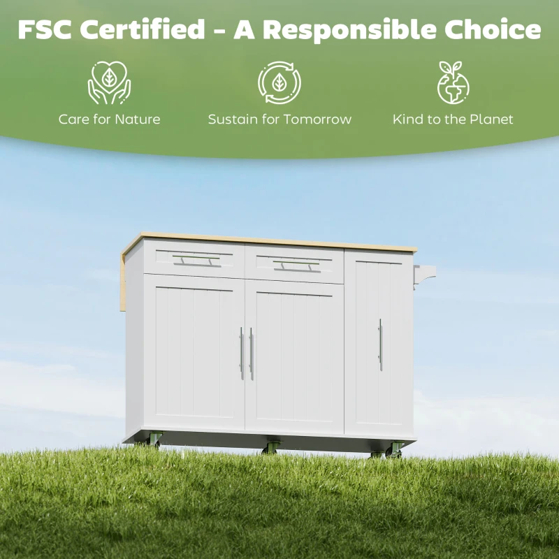 HOMCOM Mobilna Wyspa Kuchenna, Rozsuwana Powierzchnia, Drzwi Szafki, Szuflady, Uchwyt na Ręcznik, Wózek Kuchenny z MDF, Biały