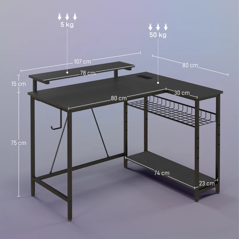 HOMCOM Biurko L-kształtne z LED, gniazdkami, USB, biurko komputerowe z półką, 107 x 80 x 90 cm, czarne