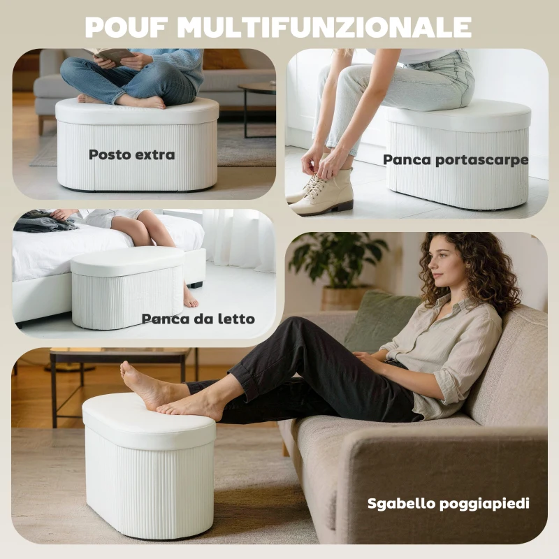 HOMCOM Pouf Contenitore Pieghevole con Vano da 72L e Rivestimento in Velluto, 76x38x35 cm, Crema