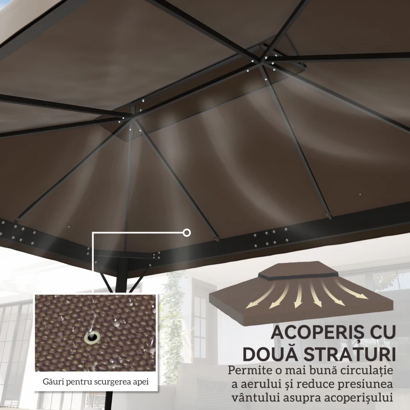 Outsunny Acoperiș pentru Cort de Grădină 3x4 m cu 2 Niveluri din Țesătură Oxford 600D, cu Orificii de Drenaj, Cafeniu