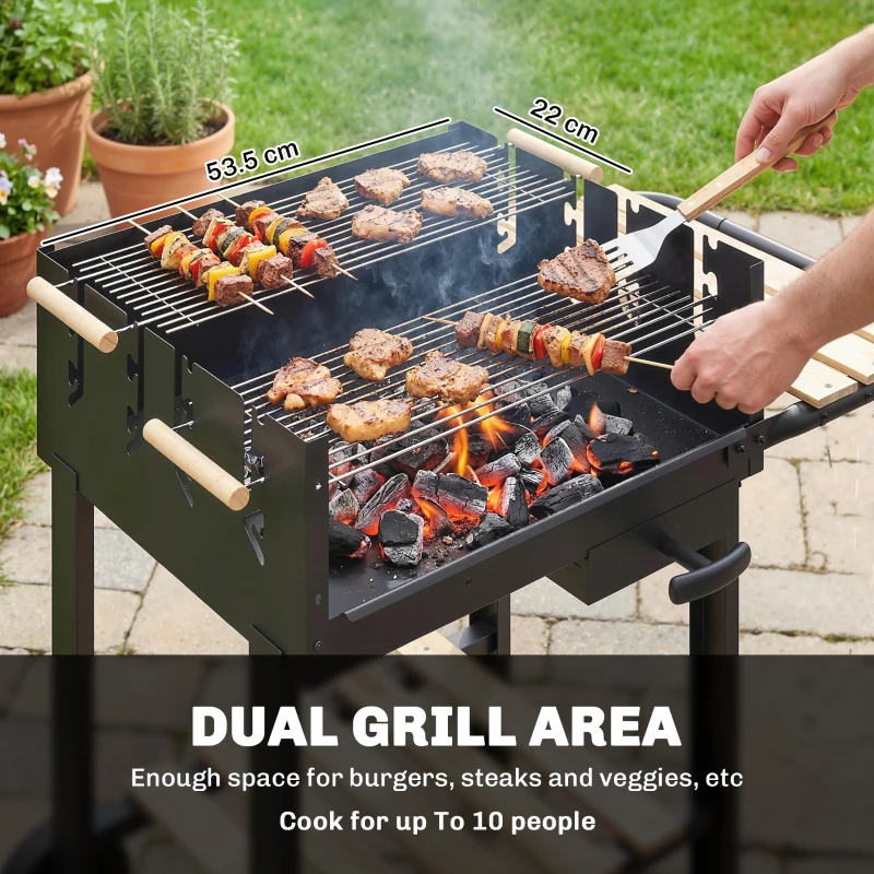 Outsunny Grill na węgiel drzewny z 4-stopniową regulacją wysokości rusztu, 2 drewniane półki, 2 kółka, tacka na popiół, 99,5 x 58 x 82 cm