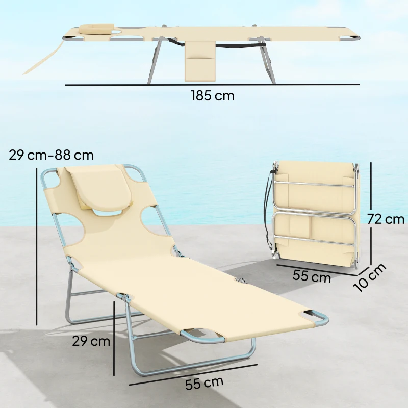 Outsunny 5-Position Adjustable Sun Loungers Set of 2 with Reading Hole and Side Pocket, Beige