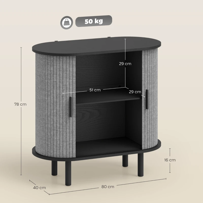HOMCOM Tambour Sideboard with Fluted Sliding Doors, Modern Kitchen Cupboard with Storage Shelves and Wooden Legs, Grey