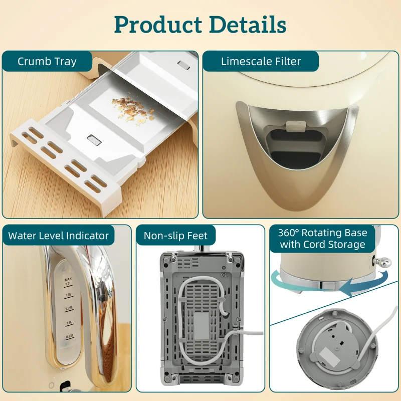 HOMCOM Zestaw Czajnik i Toster, 2200W, 7 stopni opiekania, różne funkcje, Kremowy