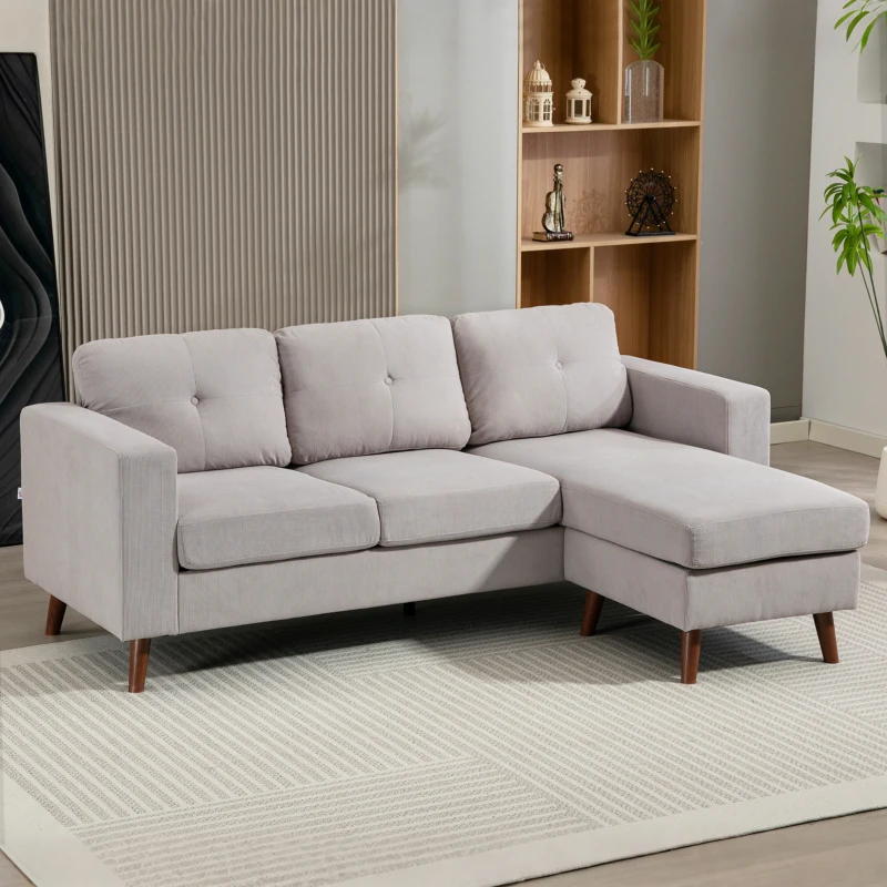 HOMCOM Wendbares Ecksofa aus Kordvelours, 3‑Sitzer mit Ottomane, Stahlrahmen, 192x137x84cm, hellgrau