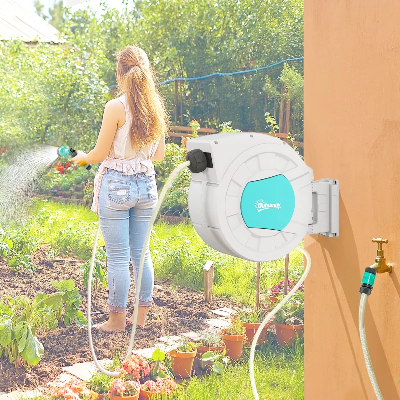 Outsunny Schlauchaufroller Wasserschlauchabroller 35+2 m Wandhalterung + Griff 180° schwenkbar 55 x 20 x 42 cm hellgrau
