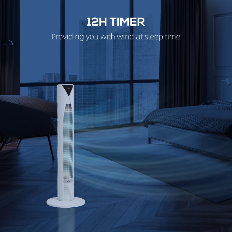 HOMCOM 70° oscylacyjny wentylator kolumnowy z pilotem 4 tryby, 3 prędkości, timer 31,5 x 31,5 x 96 cm biały