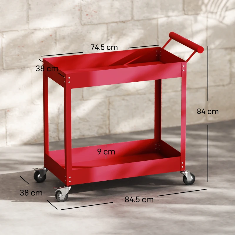 DURHAND Cărucior de atelier servantă atelier cu 2 niveluri, mâner lateral și roți blocabile, 84,5x38x84cm, roșu