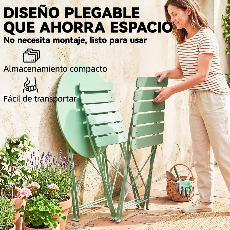 Outsunny Conjunto de Jardín Plegable con 2 Sillas Plegables Mesa Redonda Estructura Metálica Electrofórica para Balcón Verde