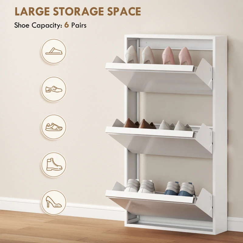 HOMCOM Metalowa szafka na buty z 3 uchylnymi półkami, wąska szafka na buty montowana na ścianie, na 6 par butów, biała