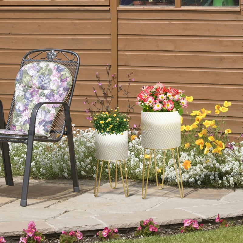 Outsunny Lot de 2 supports cache-pots ronds pour plantes en métal avec pieds épingles hauteurs 67 et 52 cm gris