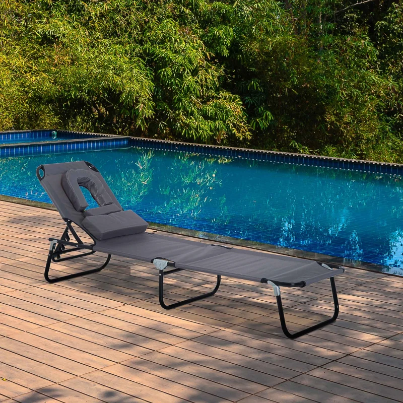 Outsunny Bain de soleil chaise longue pliante avec appuie-tête, trou de lecture, transat inclinable 4 positions en Oxford 600D, transat jardin extérieur camping piscine terrasse, 190x56x28cm, gris