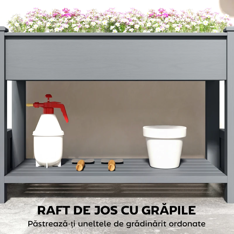 Outsunny Jardinieră Ridicată cu 2 Ghivece Laterale și Raft pentru Unelte, din Lemn de Brad, 149x46x76 cm, Gri