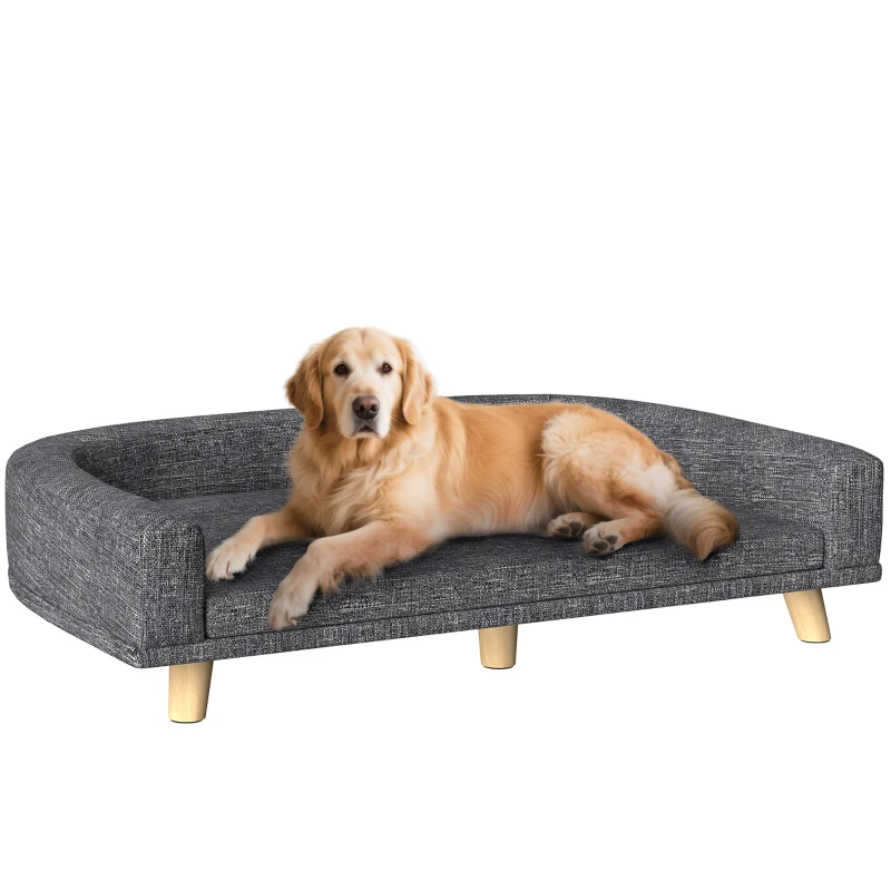 PawHut Sofa für große Hunde Erhöhtes Hundebett mit waschbarem Kissen und Holzbeinen Traglast 30 kg 98x67x25 cm Dunkelgrau