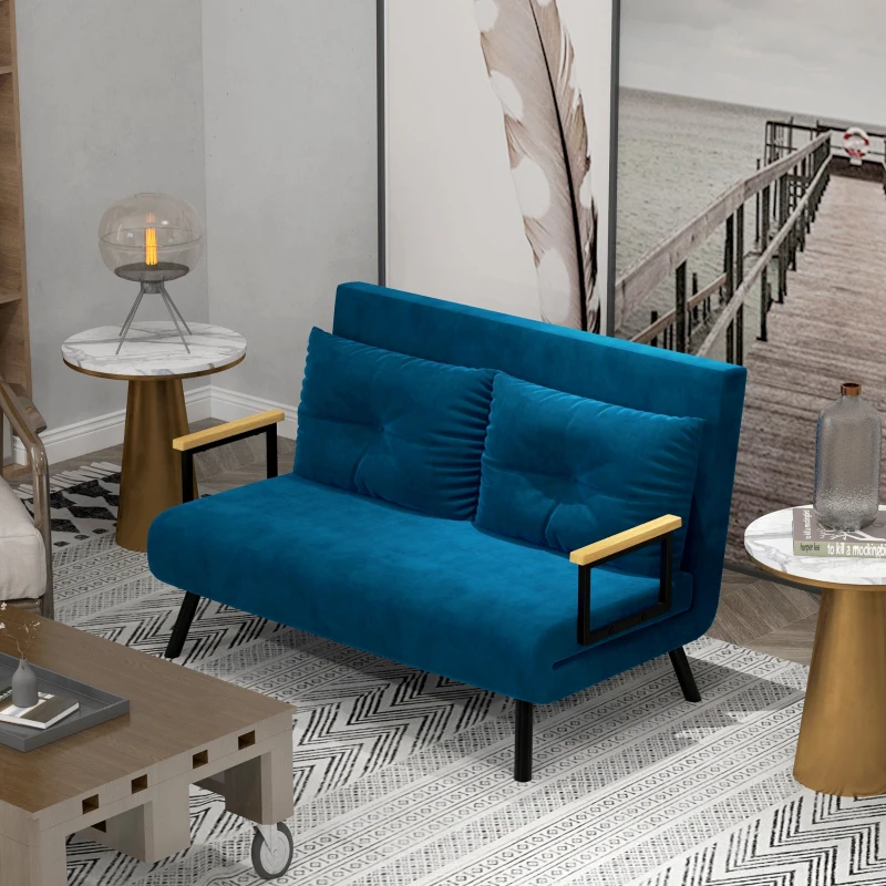 HOMCOM Sofa do spania 2-osobowa Sofa z aksamitu, z funkcją spania, w zestawie 2 poduszki, w aksamitnym wykończeniu, Naturalne + Niebieskie