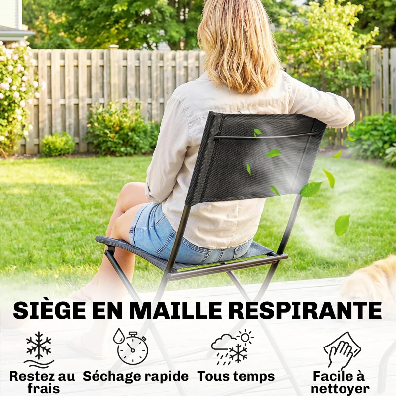 Outsunny Ensemble Bistro d'Extérieur, Mobilier de Patio 3 Pièces avec Chaises Pliantes, Table en Verre Semi-Circulaire, Noir