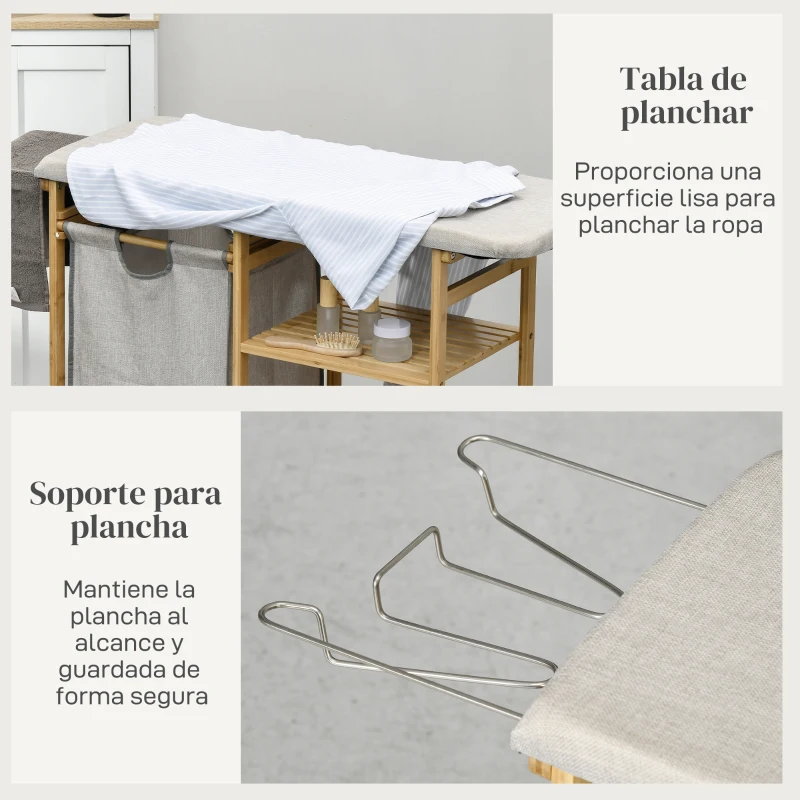 HOMCOM Cesto de Ropa Sucia 57,4L con Tabla de Planchar Soporte para Plancha 3 Estantes y Bolsa Extraíble 113x34x82 cm Natural