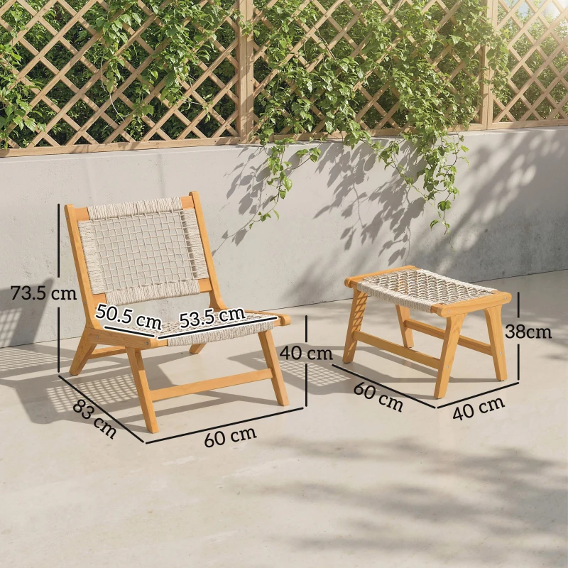Outsunny Fotoliu de grădină cu taburet 2 piese lemn de acacia certificat FSC fotoliu lounge exterior cu șezut din ratan stil boho picioare reglabile