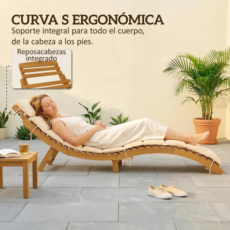 Outsunny Tumbona Plegable de Madera de Acacia con Cojín Reposacabezas Asa de Transporte para Jardín Terraza 183x54x63 cm Beige