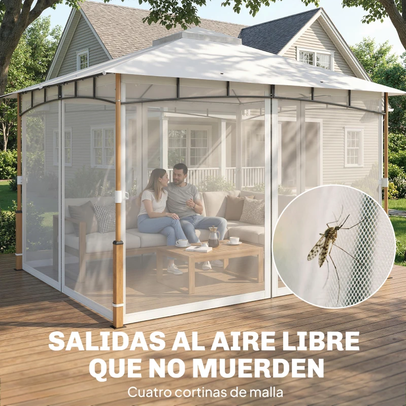 Outsunny Carpa para Jardín con Techo Doble Cenador con Paredes de Malla UPF50+ para Exterior Terraza 360x300x275 cm Crema y Teca