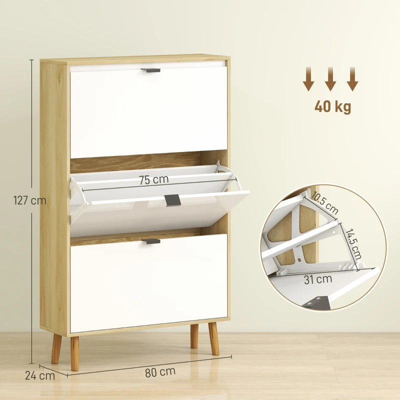 HOMCOM Dulap Slim Modern pentru Pantofi, cu 3 Sertare Rabatabile pentru 24 de Perechi, 80x24x127 cm, Alb