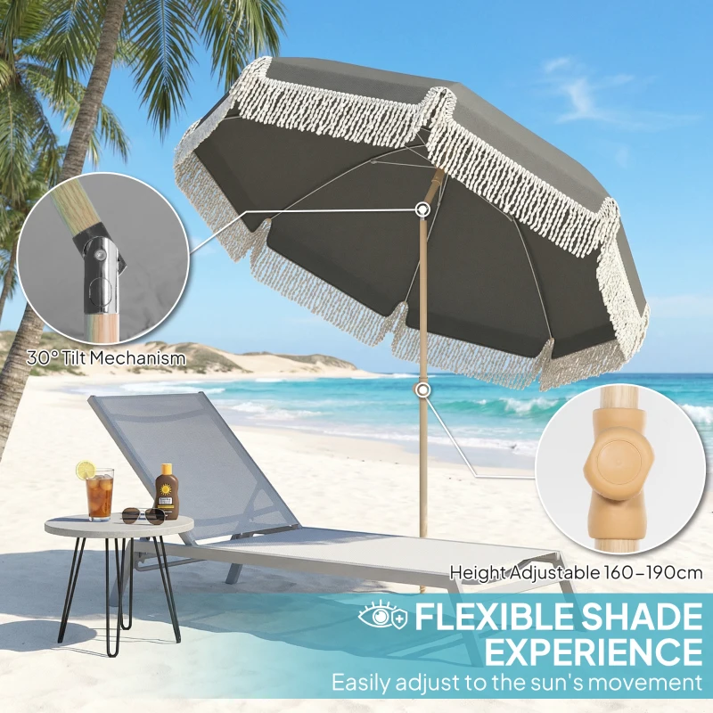 Outsunny 1.7 m Beach Umbrella with Sand Anchor, 30° Tilting Fringed Beach Garden Parasol with Adjustable Height, Grey