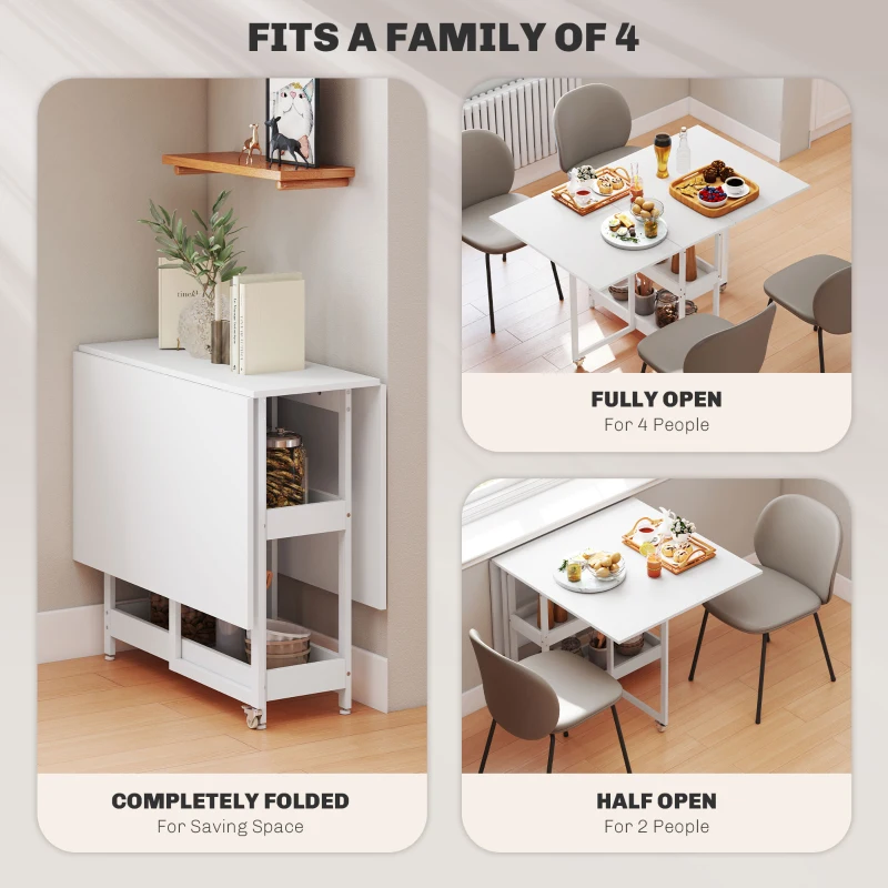 HOMCOM Industrial Folding Dining Table, Drop Leaf Table with Open Compartments for Small Spaces, Kitchen, Dining Room, White Wood-Effect