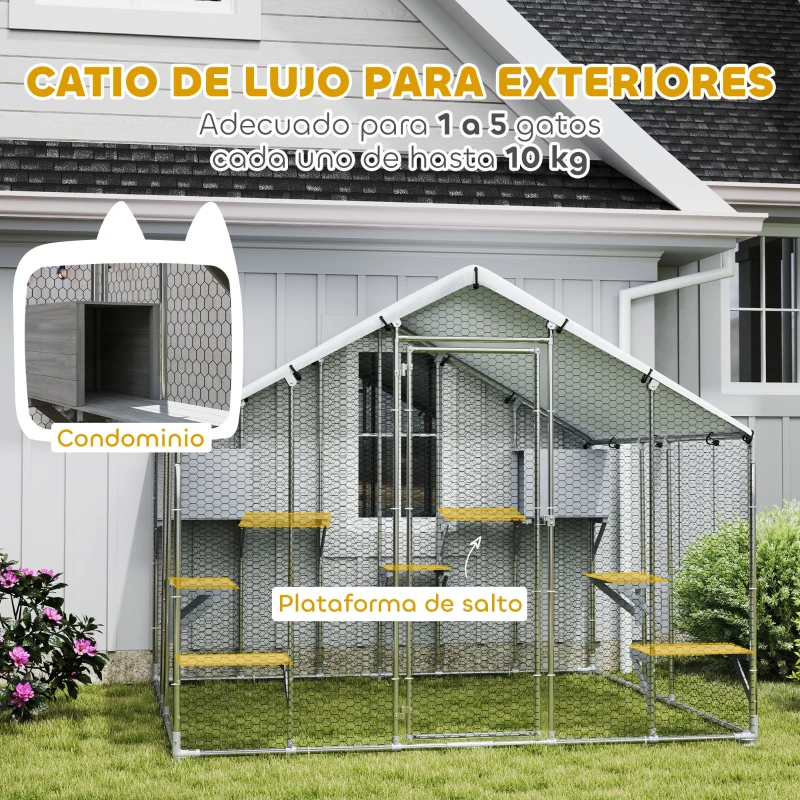 PawHut Jaula Grande para Gatos Exterior con 2 Casitas 7 Plataformas para Saltar Cubierta Impermeable y Anti-UV 240x193x195 cm