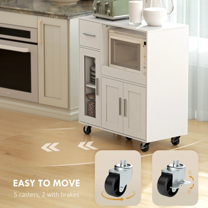 HOMCOM Szafka kuchenna na kółkach, mobilna komoda kuchenna z półkami, szufladami, regulowanym regałem, otworem na kable, biała