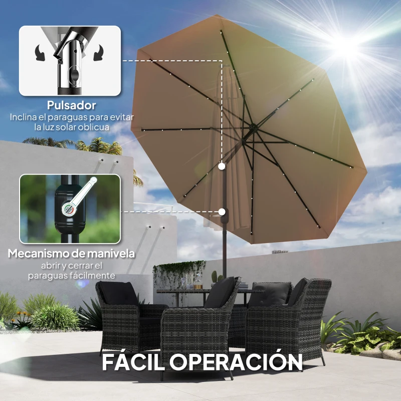 Outsunny Sombrilla de Jardín Ø265 cm con 32 Luces LED Solares Manivela y Poste de Acero para Patio Terraza Caqui