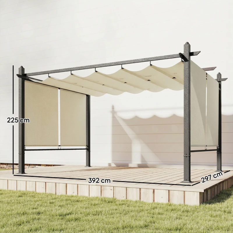 Outsunny Pérgola de Jardim 4x3 m com Cortinas Automáticas e Telhado Retrátil Proteção UPF50+ Creme