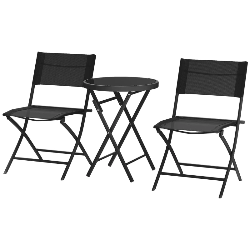 Outsunny 3 Pieces Outdoor Bistro Set, Glass Top Outdoor Table and 2 Folding Chairs with Protecting Feet, Black