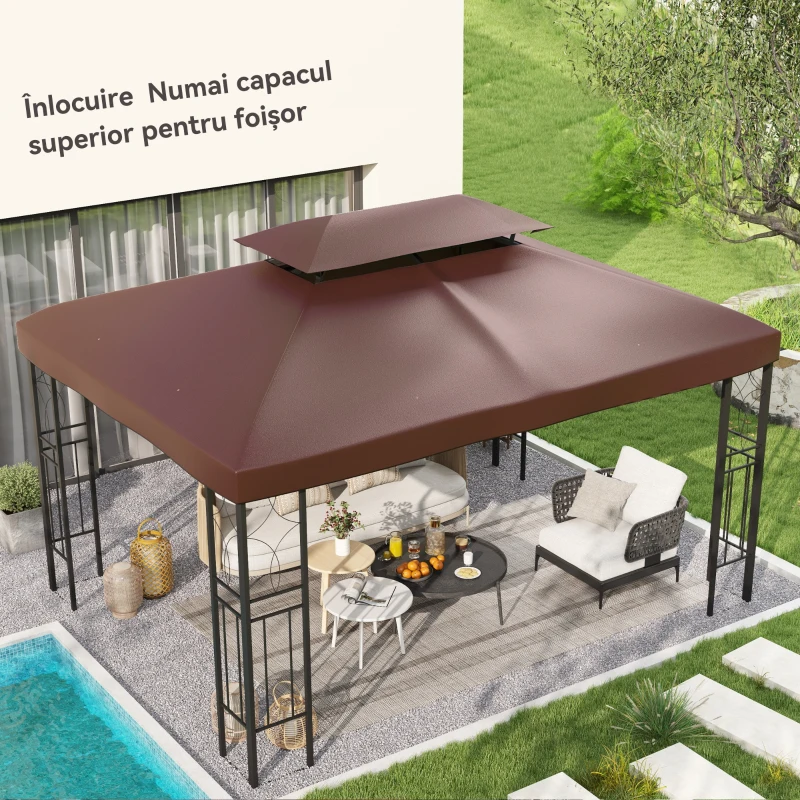 Outsunny Acoperiș pentru Cort de Grădină 3x4 m cu 2 Niveluri din Țesătură Oxford 600D, cu Orificii de Drenaj, Cafeniu
