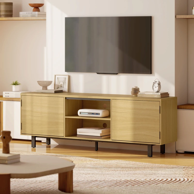HOMCOM Comodă TV, mobilier TV până la 165 cm, 2 uși cu deschidere prin apăsare și 2 rafturi, 160x35x55,5cm, lemn natural